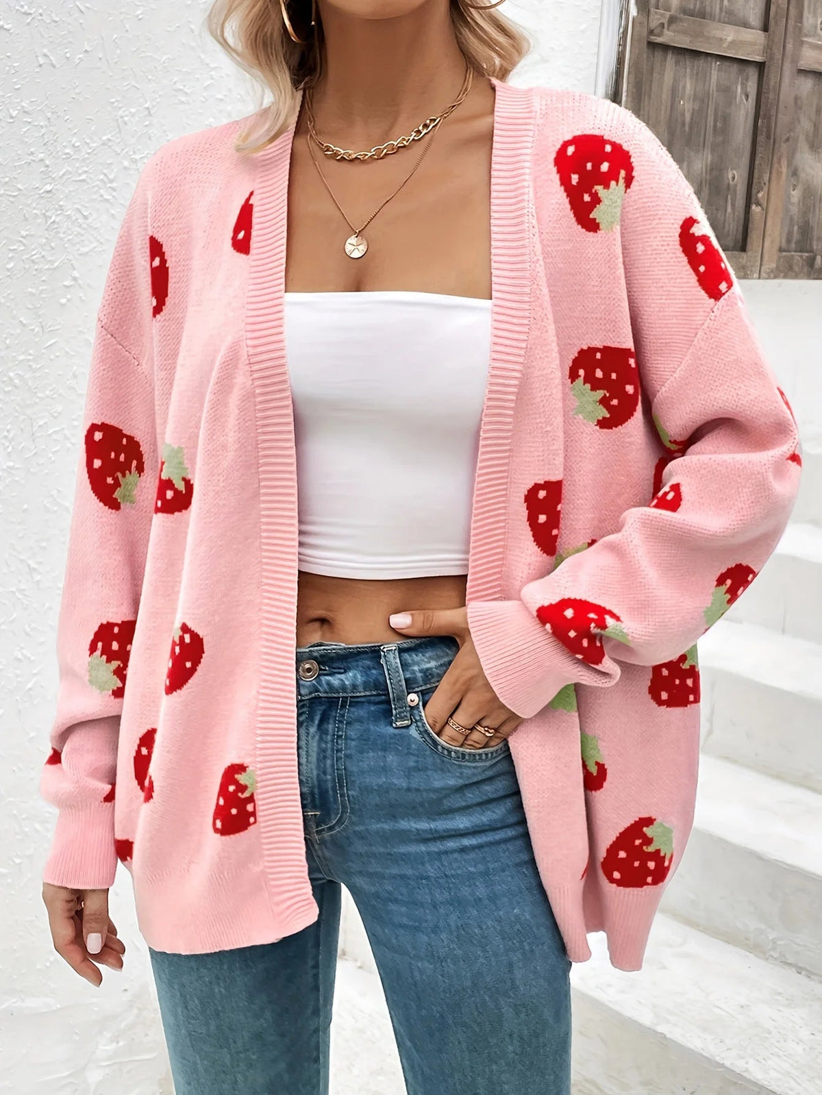 Cárdigan de Punto con Motivo de Fresas