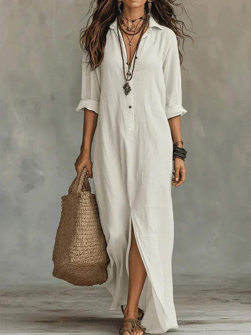 VALEN | Vestido Largo de Lino con Abertura, ideal para el día a día
