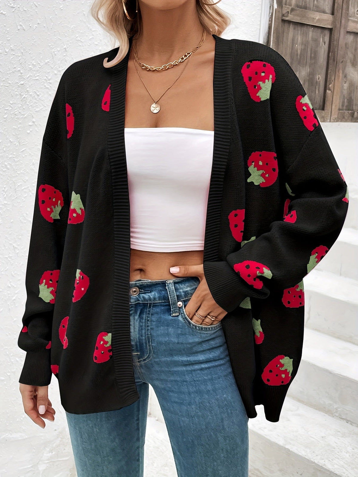 Cárdigan de Punto con Motivo de Fresas