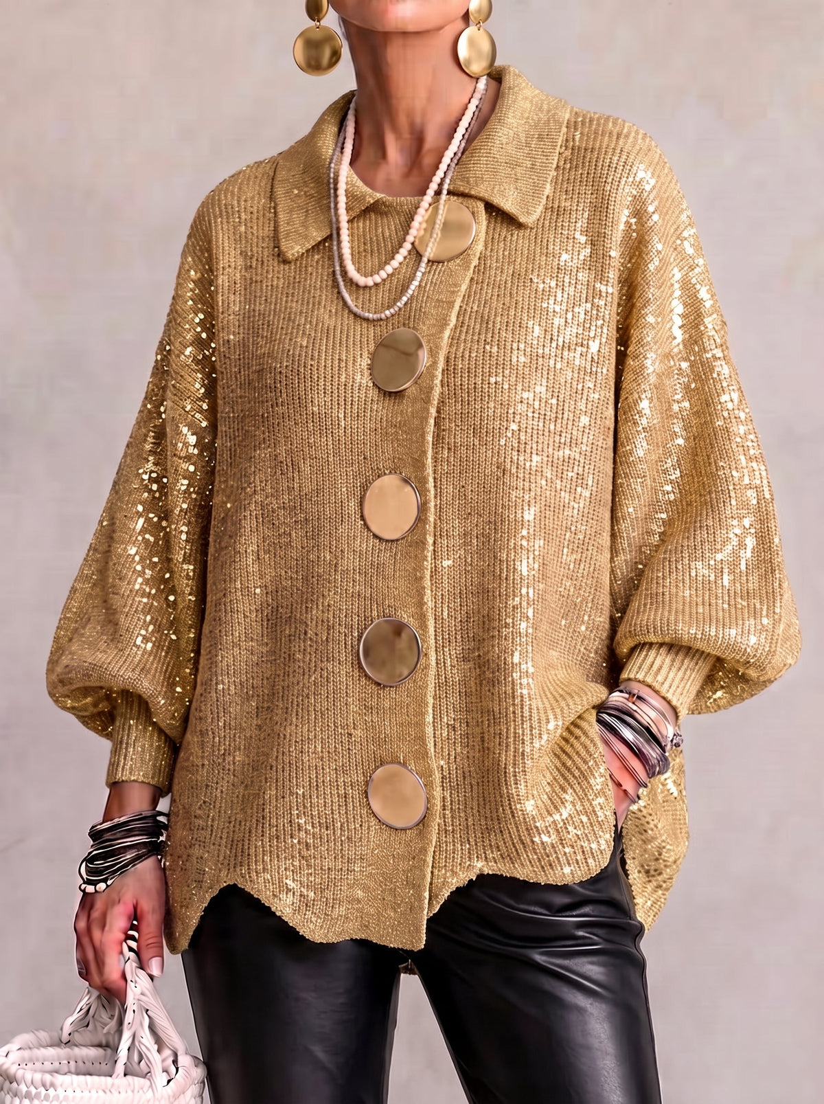 Isadora™ | Cárdigan oversize con cuello y botones metálicos grandes