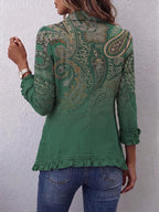 Amor | Chaqueta de cachemira verde estampada con volantes