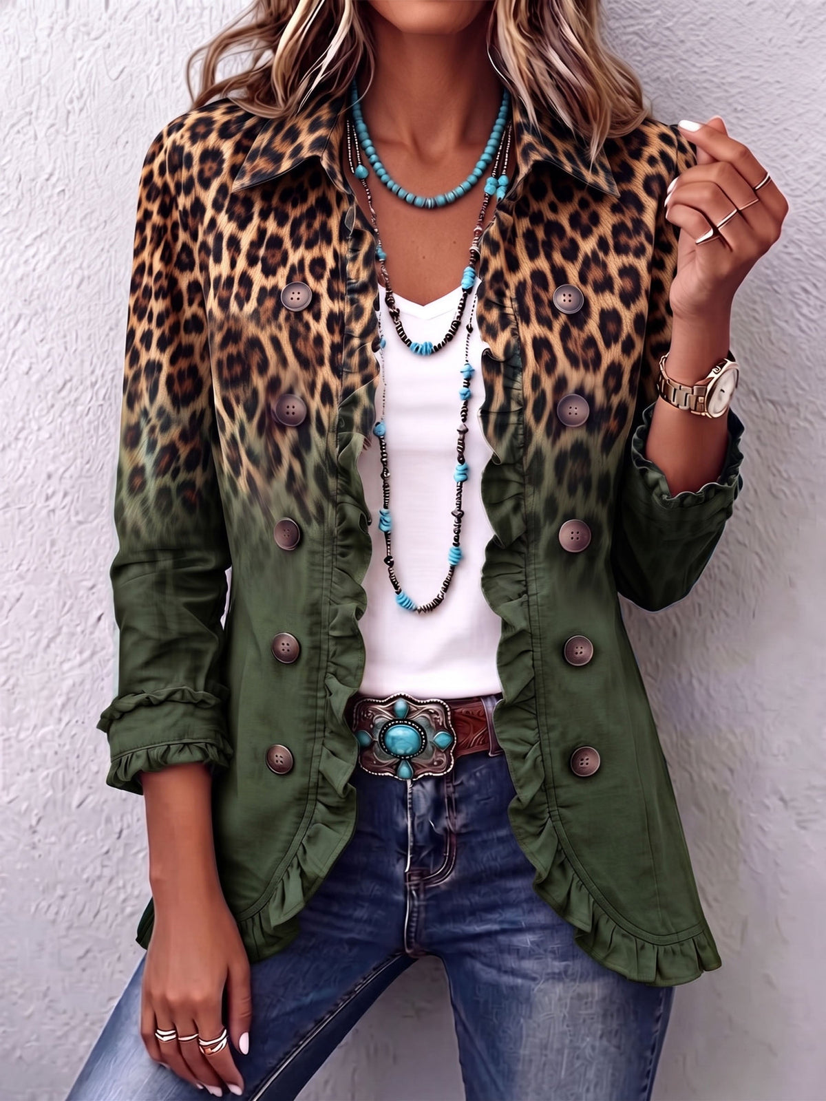 Elizabeth | Chaqueta blazer con volantes y efecto degradado de leopardo
