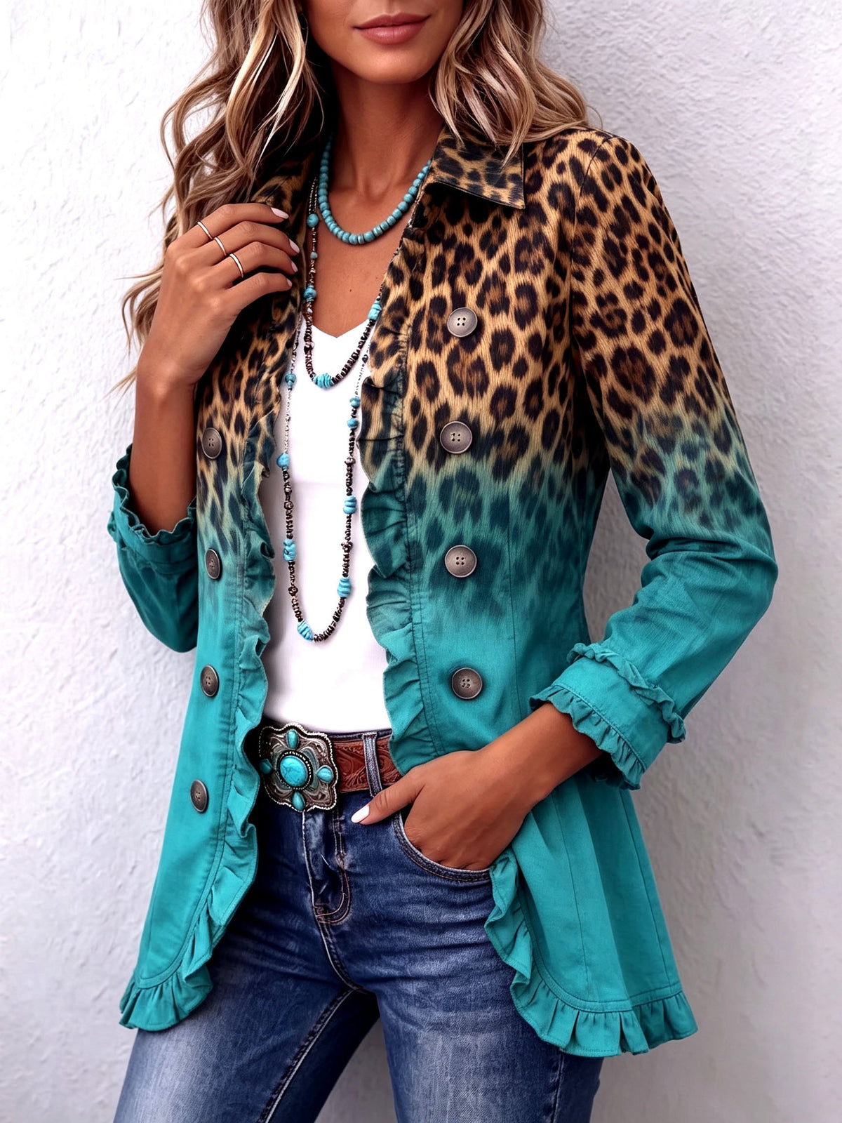 Elizabeth | Chaqueta blazer con volantes y efecto degradado de leopardo