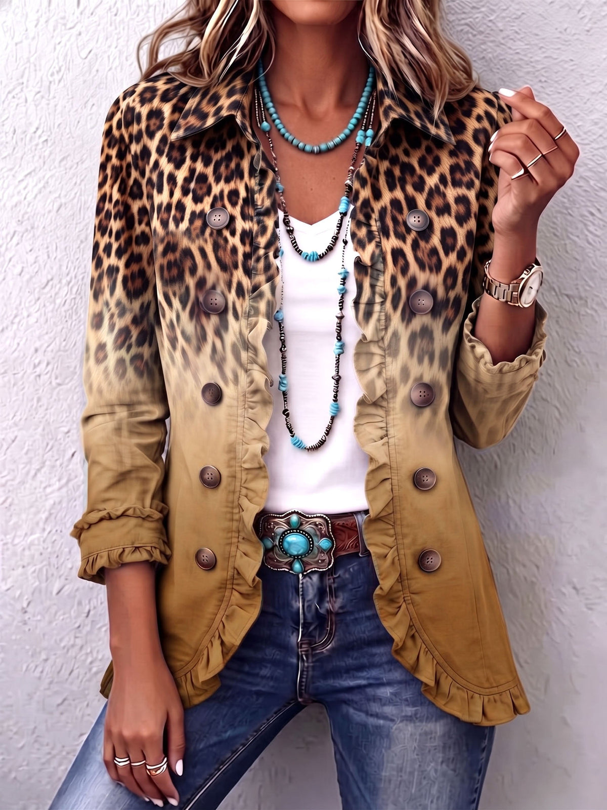 Elizabeth | Chaqueta blazer con volantes y efecto degradado de leopardo