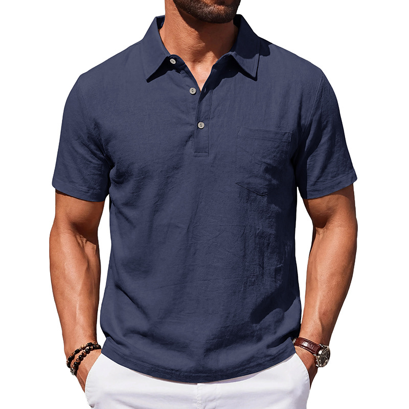 Camisa de manga corta con cuello de algodón y lino para hombre