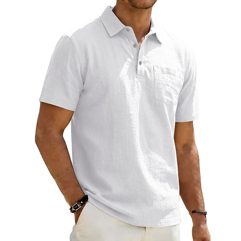 Camisa de manga corta con cuello de algodón y lino para hombre