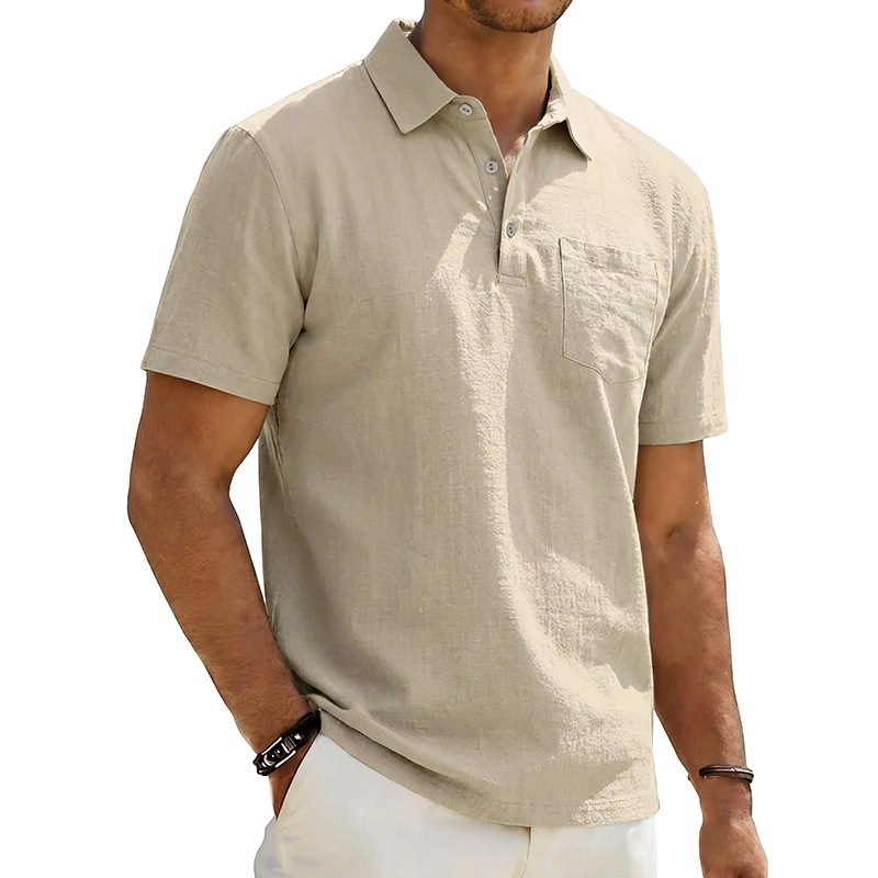 Camisa de manga corta con cuello de algodón y lino para hombre