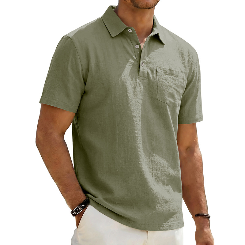 Camisa de manga corta con cuello de algodón y lino para hombre