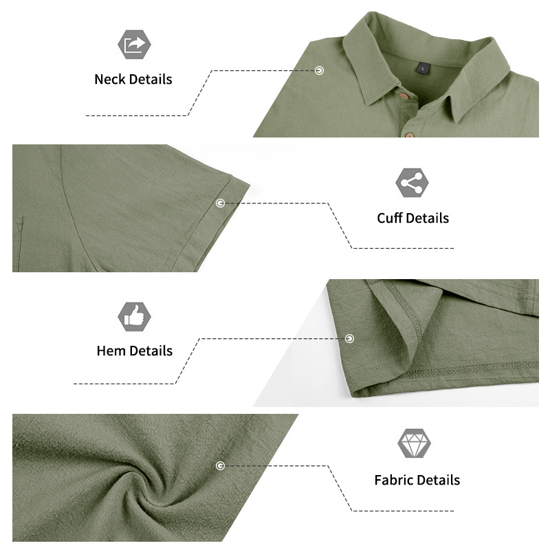 Camisa de manga corta con cuello de algodón y lino para hombre